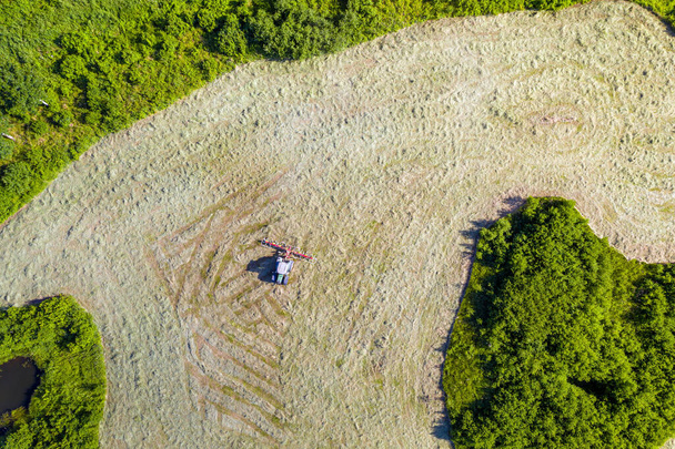 Top view of tractor with tedders, drying mowed hay - Foto, Imagem