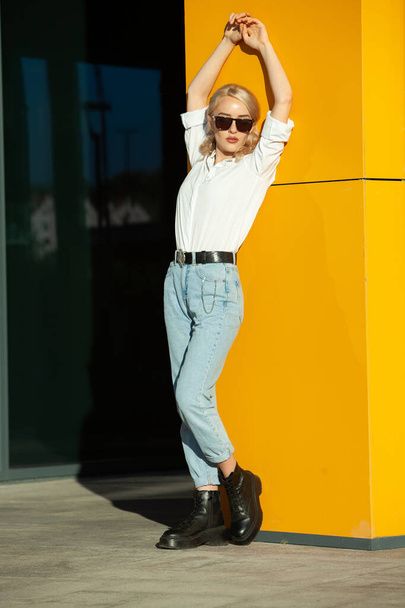 Portrait Of Successful Business Woman. Blonde european girl. Russian business lady. Hipster girl outfits. - Foto, imagen
