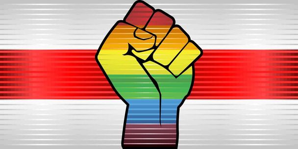 Λαμπερή LGBT Διαδήλωση Γροθιά σε σημαία Λευκορωσίας - Εικονογράφηση, Αφηρημένη grunge σημαία Λευκορωσίας και ΛΟΑΤ σημαία - Διάνυσμα, εικόνα