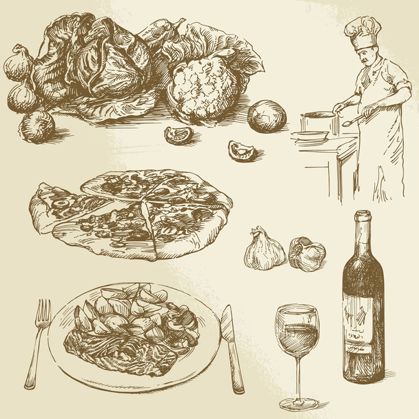 Сбор продуктов питания - пицца, овощи
 - Вектор,изображение
