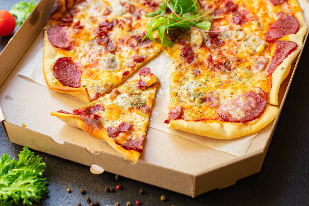 pizza cheese sausage salami assorted meat serving portion size natural top view place copy space for text - Photo, Image