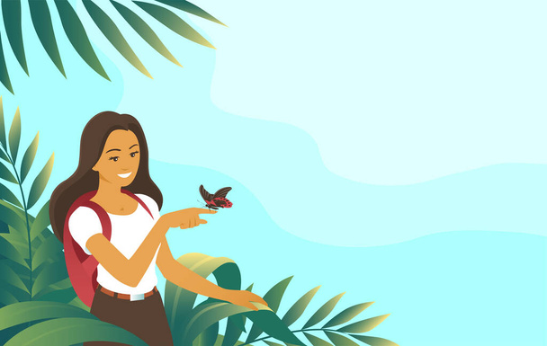A menina turística viu uma borboleta exótica entre moitas tropicais. Banner com lugar para texto. Ilustração vetorial isolada sobre natureza e viagens
. - Vetor, Imagem