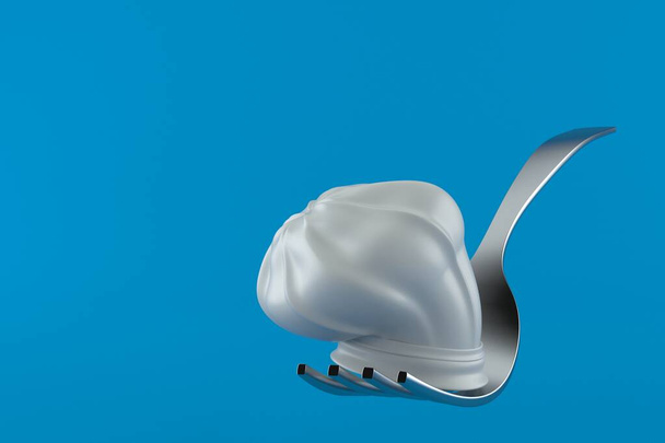 Vidlička s šéfkuchařským kloboukem izolovaná na modrém pozadí. 3D ilustrace - Fotografie, Obrázek
