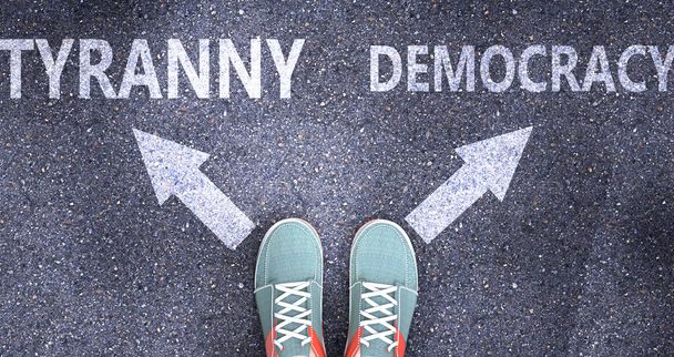 Tyranny and democracy as different choices in life - pictured as words Tyranny, democracy on a road to symbolize making decision and picking either Tyranny or democracy as an option, 3d illustration - Foto, Imagem