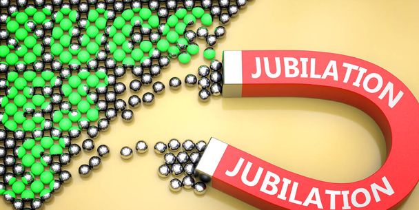 Jubel zieht Erfolg an - dargestellt als Wort Jubel auf einem Magneten, um zu symbolisieren, dass Jubel Erfolg in Arbeit und Leben bewirken oder dazu beitragen kann, Erfolg zu erzielen, 3D-Illustration - Foto, Bild