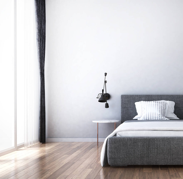 Przytulna sypialnia i biała ściana tekstury tło wystrój wnętrz / renderowania 3D - Zdjęcie, obraz