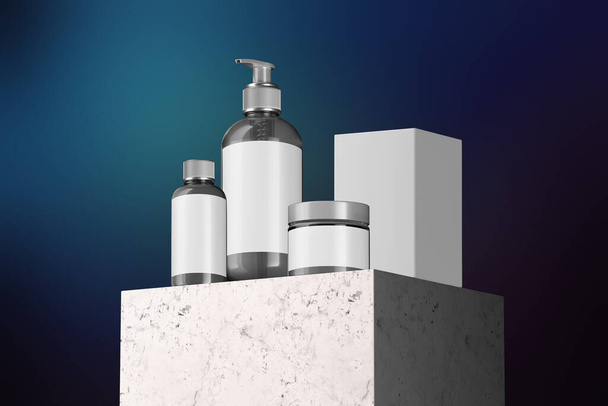 Cosmetic Bottle Set for Liquid, Cream, Gel, Mask, Lotion, Oil Near Cardboard Box On Stone Showcase and Blue Background. Blank Template of Cosmetic Containers. 3d rendering - Zdjęcie, obraz