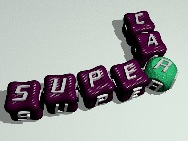 SUPER CAR кросворд з різнокольоровими кубічними літерами, 3D ілюстрація для фону та мультфільму
 - Фото, зображення