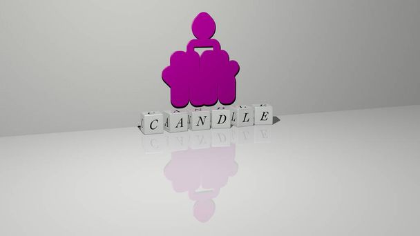 CANDLE text of cubic dice letters on the floor and 3D icon on the wall, 3D illustration for background and celebration - Photo, Image