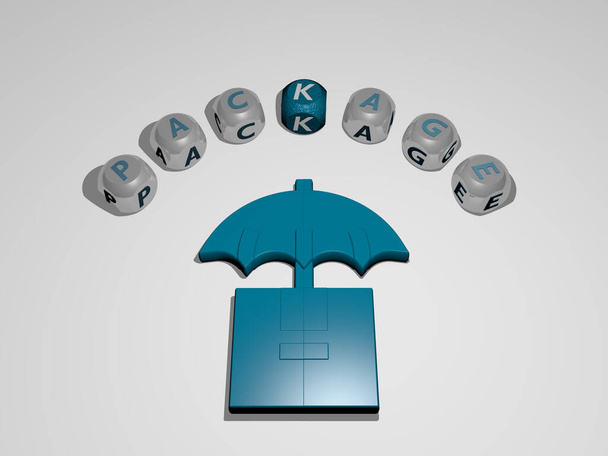 Paket 3D-Symbol, umgeben vom Text kubischer Buchstaben, 3D-Illustration für Hintergrund und Box - Foto, Bild