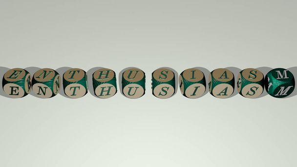 Kreuzworträtsel der Begeisterung, angeordnet durch kubische Buchstaben auf einem Spiegelboden, Konzept, Bedeutung und Präsentation für Illustration und Geschäft - Foto, Bild