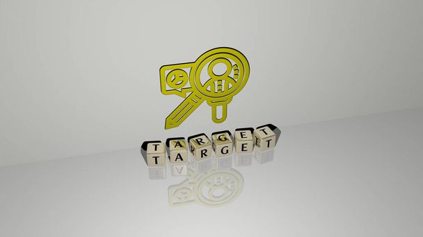 target text of cubic dice letters on the floor and 3D icon on the wall, 3D illustration for business and concept - Photo, Image