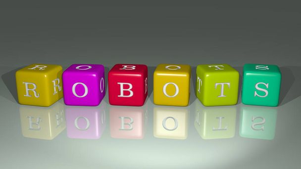 ROBOTS dispostos por letras cúbicas em um piso espelhado, ideal para significado conceito e apresentações para ilustração e artificial - Foto, Imagem