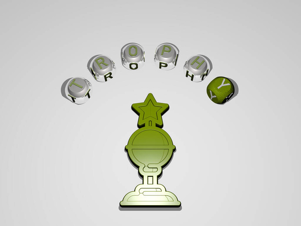 трофейный круглый текст отдельных букв вокруг значка 3D, трехмерная иллюстрация для награждения и кубка - Фото, изображение