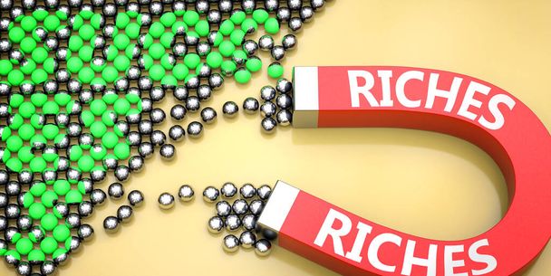 リッチは成功を魅了します-言葉として描かれたリッチリッチは、リッチが仕事や生活の成功を引き起こすか、または貢献することができることを象徴する磁石に乗って、 3Dイラスト - 写真・画像