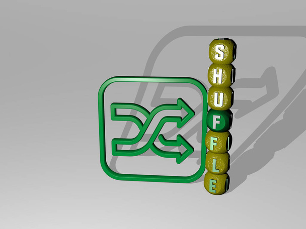 SHUFFLE testo accanto all'icona 3D, illustrazione 3D per isolate e frecce - Foto, immagini