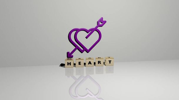 HEART tekst van kubieke dobbelstenen letters op de vloer en 3D icoon op de muur, 3D illustratie voor achtergrond en liefde - Foto, afbeelding