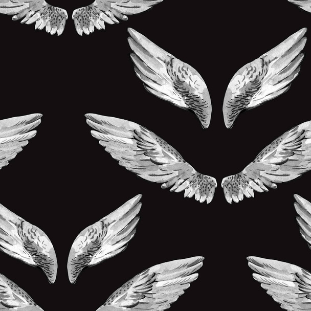 Monochrome watercolor angel wings seamless pattern on black background. Angel illustration - Photo, Image