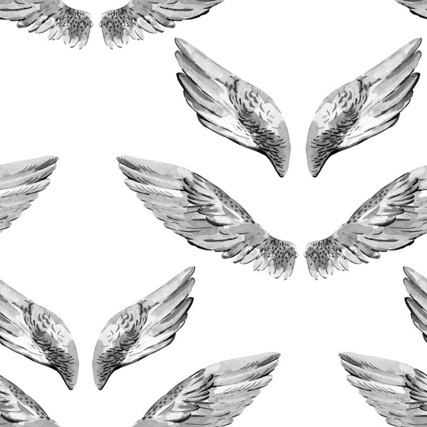 Monochrome aquarel engel vleugels naadloos patroon op witte achtergrond. Engelenillustratie - Foto, afbeelding