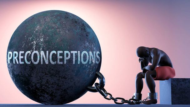 Preconceptions as a heavy weight in life - symbolized by a person in chains attached to a prisoner ball to show that Preconceptions can cause suffering, 3d illustration - Photo, Image