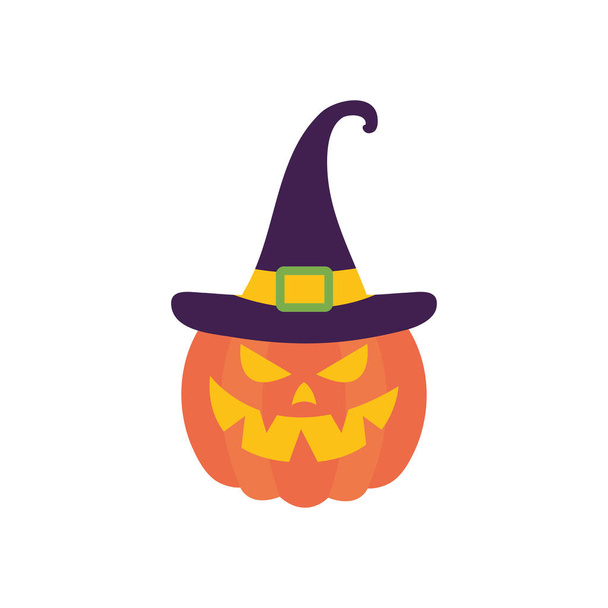 halloween tök boszorkány kalap felett fehér háttér, lapos stílus - Vektor, kép