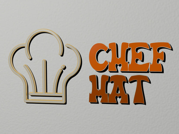 іконка капелюха шеф-кухаря і текст на стіні, 3D ілюстрація для приготування і приготування їжі
 - Фото, зображення