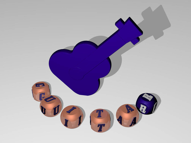3B simge etrafında gitar yuvarlak harfler metni, arkaplan ve akustik için 3D illüstrasyon - Fotoğraf, Görsel