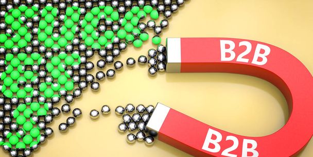 B2b houkuttelee menestystä - kuvassa sanana B2b magneetilla symboloimaan sitä, että B2b voi aiheuttaa tai edistää menestystä työssä ja elämässä, 3d kuva - Valokuva, kuva