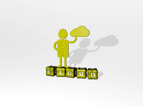 felhő 3D ikon objektum szövegén kocka betűk, 3D illusztráció háttér és kék - Fotó, kép