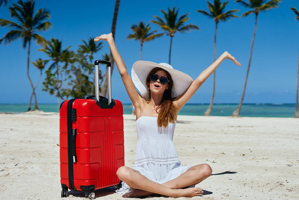 young beautiful woman with suitcase on tropical beach - Fotografie, Obrázek