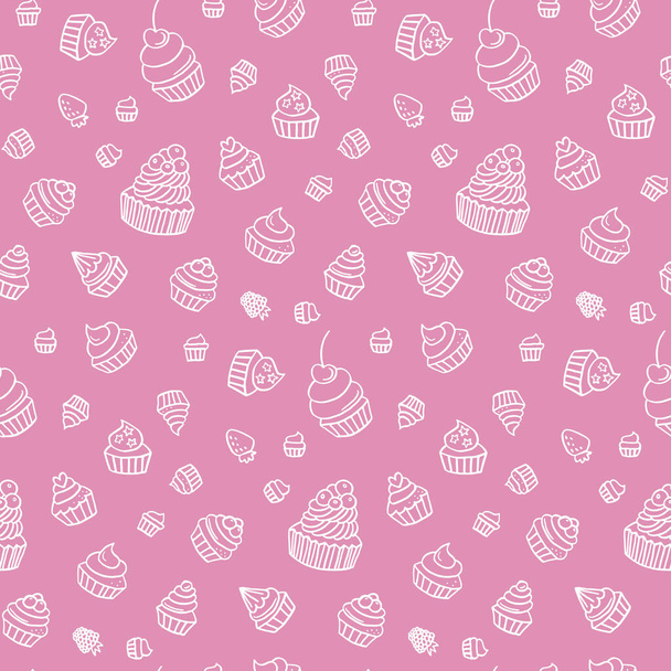Hand drawn cupcake doodle background seamless pattern with desserts, berries and lettering. Vector illustration - Vector, Image