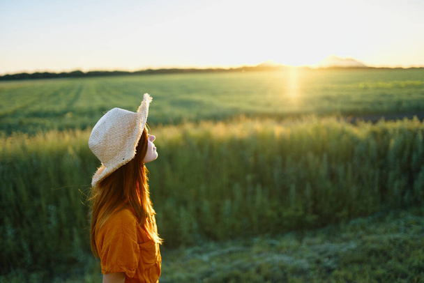 Young beautiful woman on wheat field at sunset   - 写真・画像