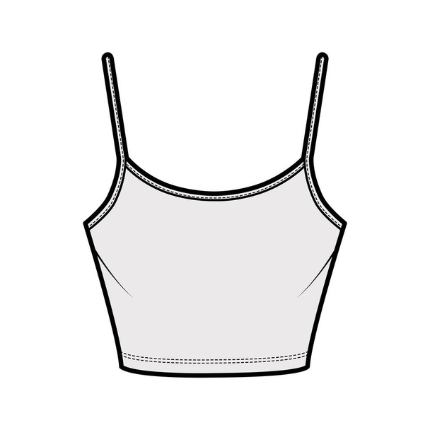 Cotton-jersey cropped camisole technical fashion illustration with scoop neck, fitted body waist length. Flat basic tank - Vector, Image
