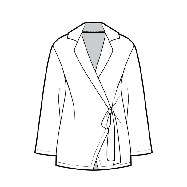 Camisa de abrigo ilustración técnica de moda con mangas largas, ajuste ligeramente suelto, cuello de muesca, lazos en la cintura. - Vector, imagen