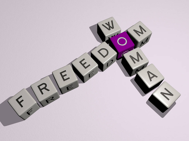 crucigrama de mujer de libertad por letras de dados cúbicos, ilustración 3D para fondo y bandera - Foto, Imagen