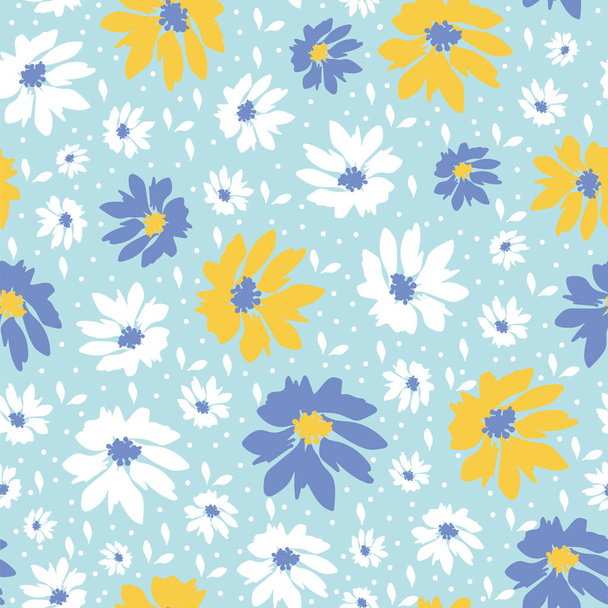 Modello senza soluzione di continuità con vintage disegnato a mano bianco, giallo, fiori selvatici blu su disegno di sfondo blu - Vettoriali, immagini