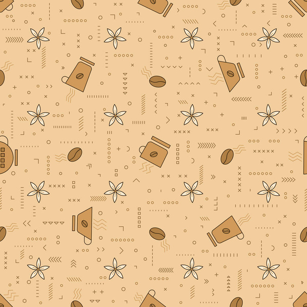 Coffee seamless vector pattern. Coffee beans. Linear style. Decorative ornament. Modern textile print. Nice flavor. For wrapping paper and wallpaper, fabrics, covers and textiles. - Vektor, kép