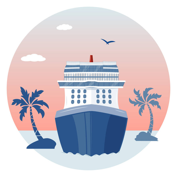 Cruise ship in the sea, front view, flat style illustration. Sea landscape with cruise liner, palm trees, clouds amd bird. Vacation, travel, holidays, cruise concept. Seaway line connection transport - Vector, Image