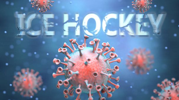 Covid et hockey sur glace, représentés par des virus rouges attaquant le mot hockey sur glace pour symboliser la tourmente, les problèmes mondiaux et la relation entre le virus de la couronne et le hockey sur glace, illustration 3D - Photo, image