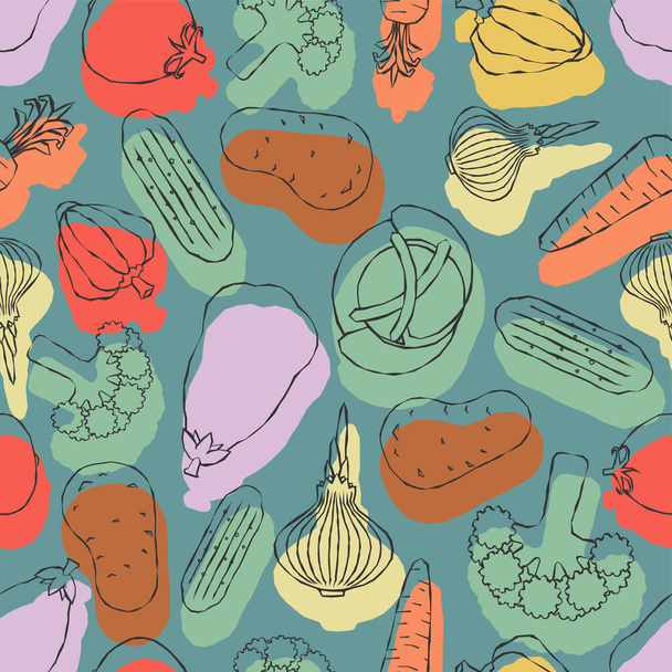 Vegetables pattern seamless. Potatoes and cabbage, peppers and carrots, eggplant and onions backgroun - Διάνυσμα, εικόνα