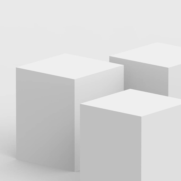 3d gris blanco cubo y caja podio mínimo escena estudio fondo. Abstracto 3d forma geométrica objeto ilustración render. Exhibición para el producto de negocio en línea. - Foto, imagen