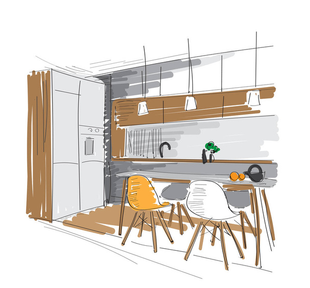 kitchen dining room sketch. marker pen drawing. rendered interior design visual.  - Vector, Image