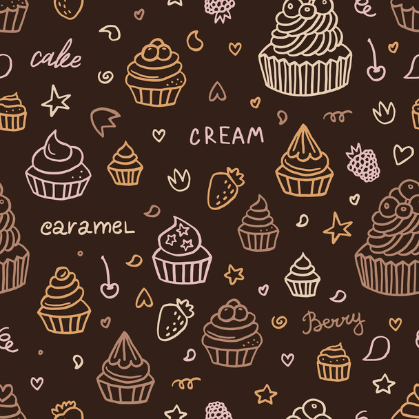 Ručně kreslené cupcake čmáranice pozadí bezešvé vzor, dezerty, bobule. Vektorová ilustrace - Vektor, obrázek