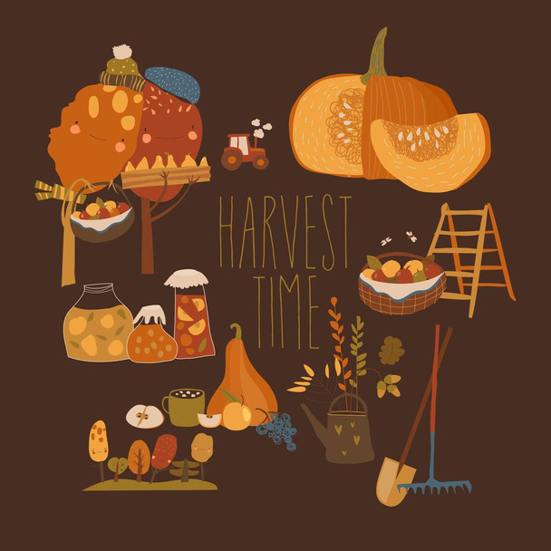 Cartoon set of harvesting time. Hello autumn - Vektör, Görsel