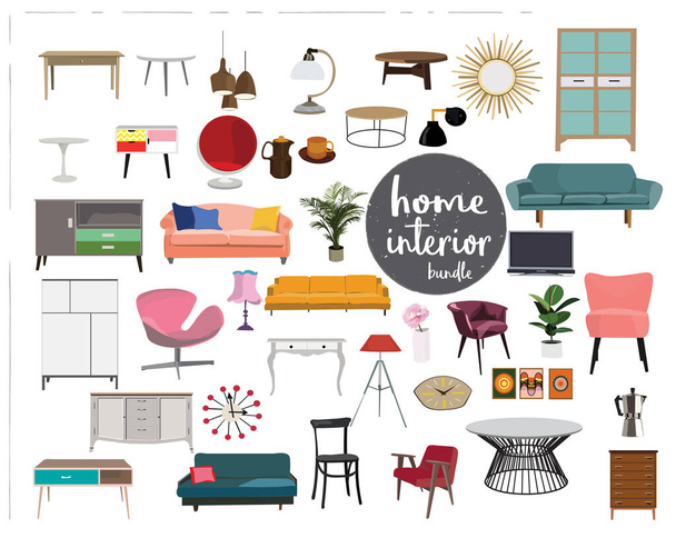 vector interior design elements. furniture mid century modern. living room element collection set. - Вектор,изображение
