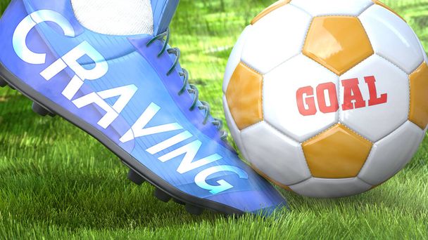 Touha a životní cíl - vyobrazeno jako slovo Touha po fotbalové botě symbolizující, že touha může mít dopad na cíl a je faktorem úspěchu v životě a podnikání, 3D ilustrace - Fotografie, Obrázek