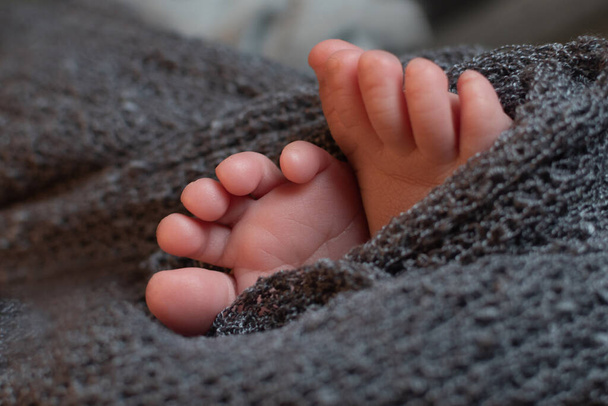 cute newborn baby feet on a dark grey blanket, closeup. selective focus - Foto, Imagen