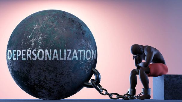 Depersonalization as a heavy weight in life - symbolized by a person in chains attached to a prisoner ball to show that Depersonalization can cause suffering, 3d illustration - Photo, Image