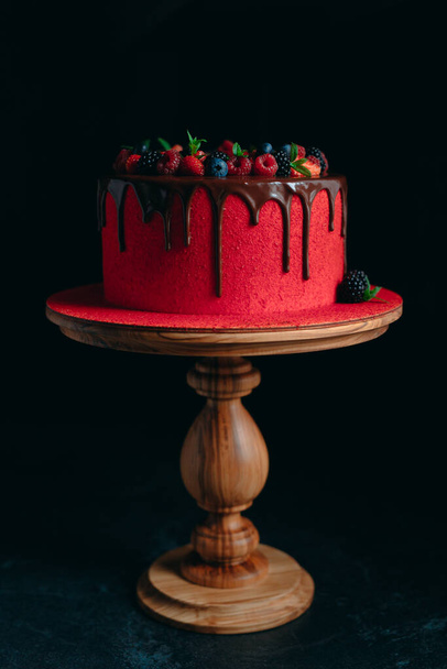 Red velvet summer fruit cake with chocolate. - Photo, Image