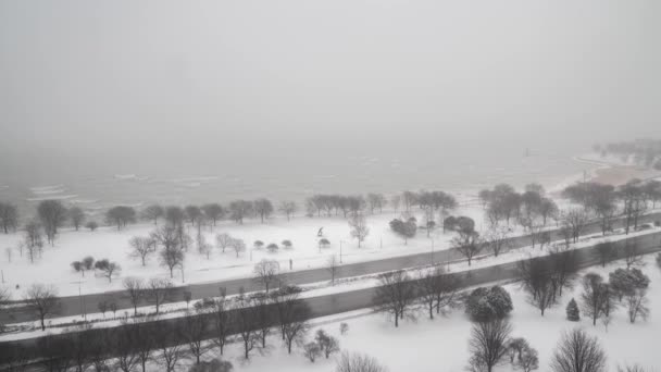 Detectando el lapso de tiempo del lago Michigan frente al lago y el tráfico en Lake Shore Drive en el lado norte de Chicago mientras está nevando y todo, incluidos los árboles, está cubierto de blanco. - Metraje, vídeo
